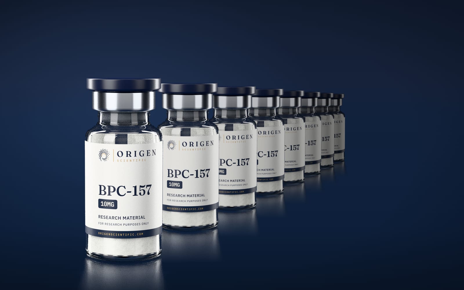 A row of BPC-157 research vials
