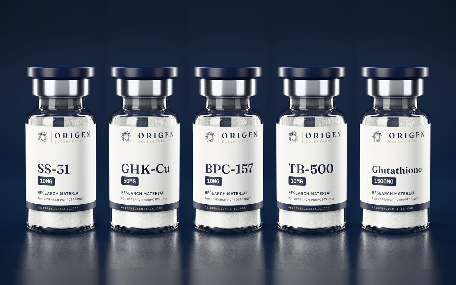 SS-31, GHK-Cu, BPC-157, TB-500 and Glutathione research vials